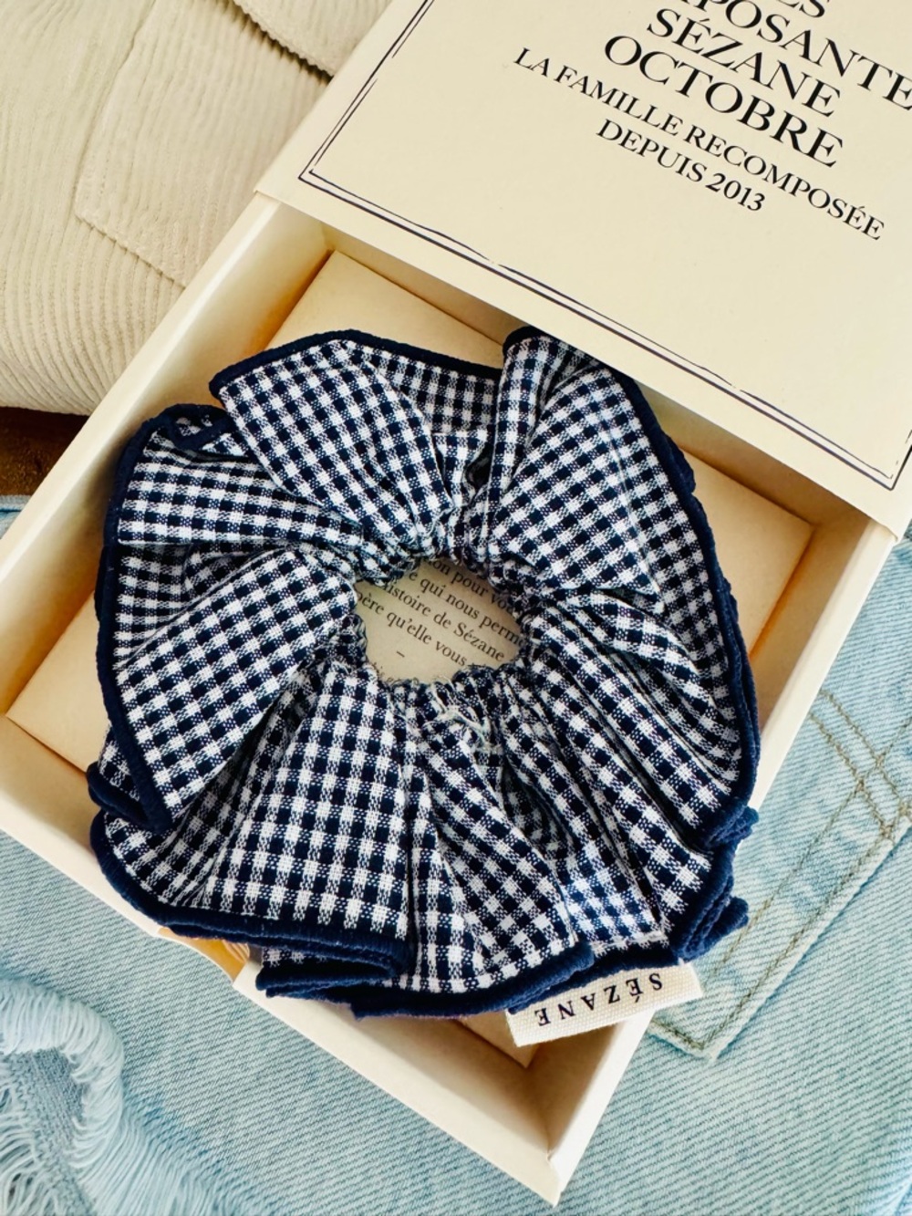 Sezane Navy Gingham Gift Hair Scrunchie